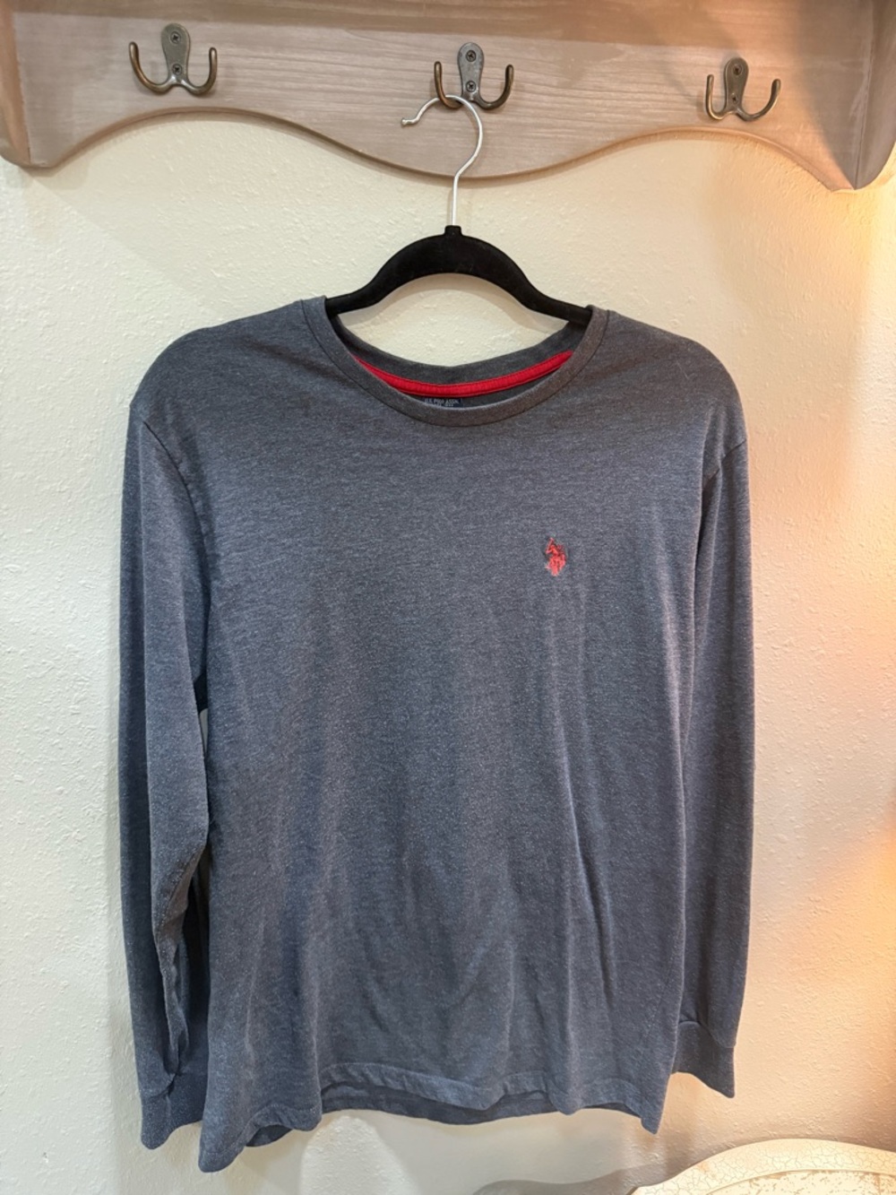 U.S. Polo Assn. Men's Long Sleeve Crewneck Shirt in Charcoal with Red Logo